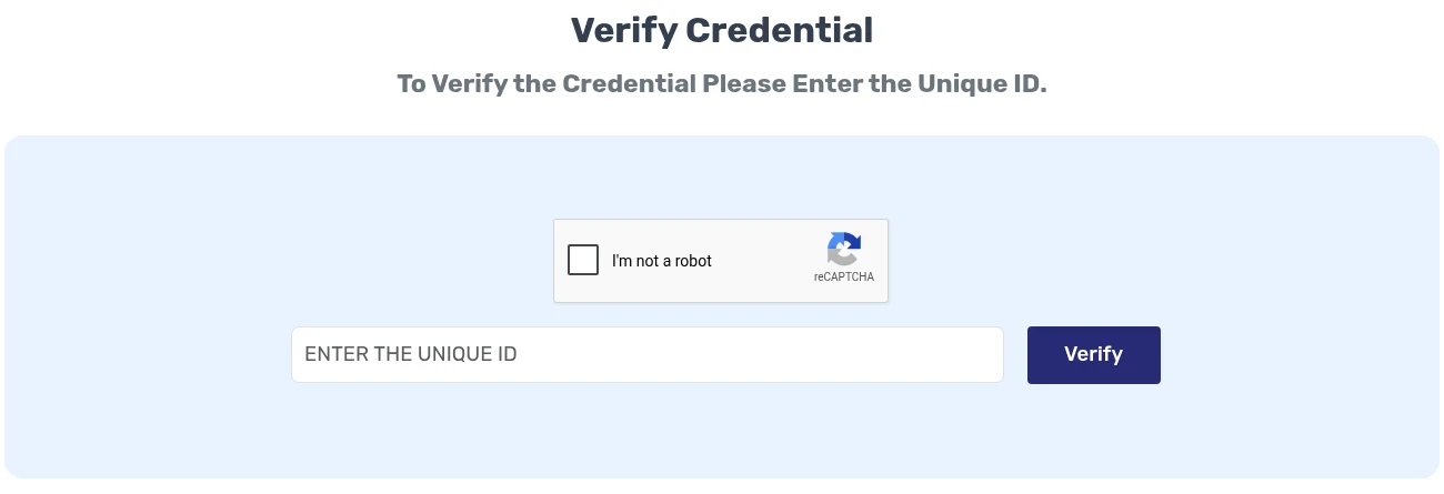 CertifyMe public credential verification page with unique ID field and Verify button